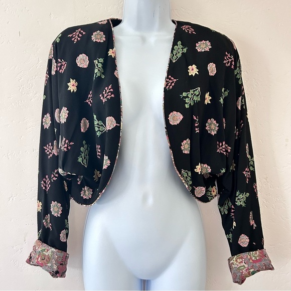 PLATINUM DOROTHY SCHOLENE Vintage Black Floral Relaxed Boho Open Crop Jacket M - Picture 1 of 10